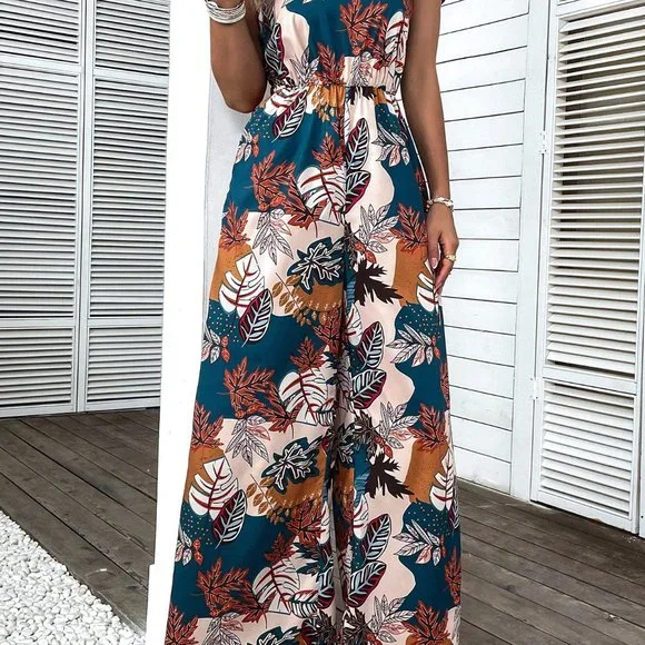 New Tropical Print Shirred Wide Leg Cami Jumpsuit Handmade - Picture 6 of 6